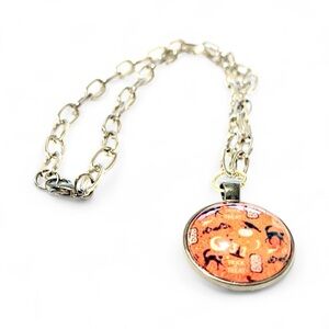 Orange Black cats, bats,Trick or Treat, BOO Halloween Necklace 18” w 1.5” drop